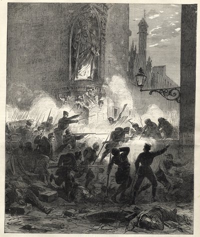 カタルーニャでの共和党による蜂起：1869年9月25日から26日の夜にバルセロナで戦闘 - Sexenio Democratico（6年間の民主主義） - フランシスコ・セラノス将軍の支配下にあるスペイン 1869-1870 - カタルーニャでの共和党の反乱：バル 作： Unknown artist