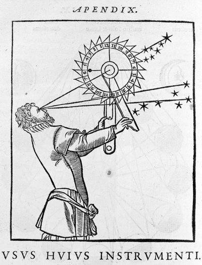 夜の星との関係で時間を計算する装置（アストロラーベ）の使用 - Cosmographia de Pietro Apiano, Paris 1551. 作： Unknown artist