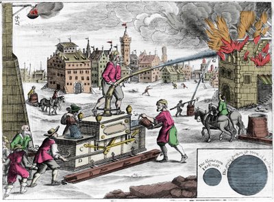 消防隊による消火ポンプの使用。ジョージ・アンドレアス・ボックラー（1644-1698）の「Theatrum Machinarum novum」からのエングレーヴィング。 作： Unknown artist
