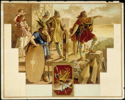 ガリア人、戦士、女性、子供に囲まれたVercingétorix - Chromolithography 作： Unknown artist