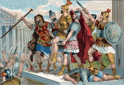 ヴェスパシアヌス（ラテン語でTitus Flavius Vespasianus）（9-79）は、兵士たちによって皇帝を宣言した。1890年頃のクロモリトグラフ。 作： Unknown artist