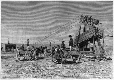 南アフリカのキンバリー・ダイヤモンド鉱山の地表からの眺め。1883年に描かれたもの。 作： Unknown artist