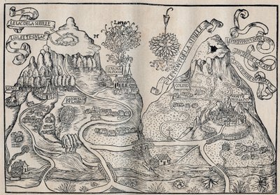 シビル山の眺め（シビル王妃の楽園）（ピラート山とシビル山の二重地図） - アントワーヌ・ド・ラ・セール（ラ・サール） 15世紀のフランスの風刺作家。 作： Unknown artist