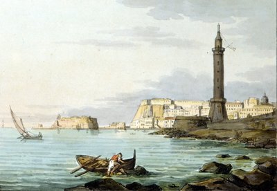 港からのナポリの眺め。左側にはオヴォ城が見える。1830年に描かれた水彩画。 作： Unknown artist
