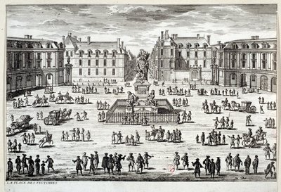 1686年にマレシャル・ド・ラ・フォイヤードが掲げたルイ14世の像があるパリのヴィクトワール広場の風景。17世紀のパリのエングレーヴィング、カルナヴァレ美術館 作： Unknown artist
