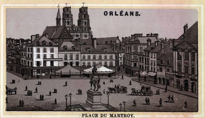 フランス、ロワレ県、サントル地域、オルレアンのマルトロワ広場の風景。19世紀末のクロモリトグラフ。 作： Unknown artist