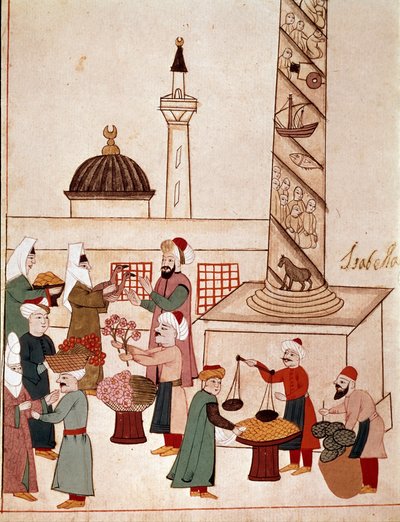 コンスタンティノープルのバザールの様子。17世紀（1671年）の原画をもとに、19世紀（1828年）のチコーニャの手稿から採られたミニチュア。ヴェネツィア、ビブリオテカ・マルシアーナ 作： Unknown artist
