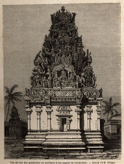 ポンディシェリーの塔のゴンブルーンまたはポルティコの1つの図（インド）。1838年から1844年にかけて、Depot des cartesのディレクターであるParis副提督がChillambaran（Coromandel cote）のパゴダを遠征した際に描かれた版画。 作： Unknown artist