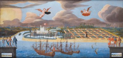 インドのTranquebarのデンマーク植民地の眺め、c.1658（キャンバスに油彩） 作： Unknown artist
