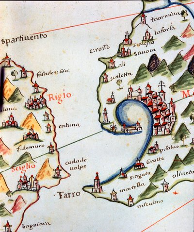 イタリアのカラブリア州とシチリア州の間にあるメッシーナ海峡の眺め。カステリーニのポルトゥランの詳細 作： Unknown artist