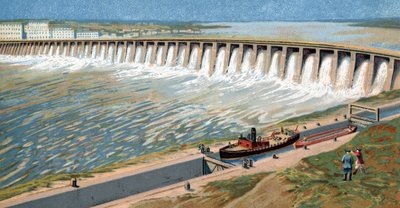 1932年、ヨシフ・スターリンによってソ連の工業化を促進するために建設されたドニエプル水力発電所（ドニエプロストロイ・ダム）の眺め。 作： Unknown Artist