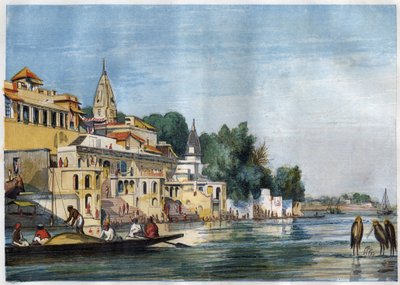 1857年、インドのCawnpore(Kanpur)にあるガンジス川のSutti Chowra Ghatの様子。 作： Unknown artist