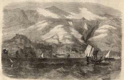 ポルトガルのマデレ島にあるフンシャルの街の風景。2月29日付「The Illustrated London News」に掲載された版画 作： Unknown artist