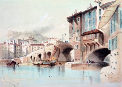 リヨンの街とポン・ド・チャージの眺め。1837年の水彩画。パリ、B.N. 作： Unknown artist