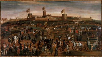 ミラノの街、スフォルツァ城と馬車の往来の様子 1660年から1670年頃の匿名の絵画 ミラノ美術館 作： Unknown artist