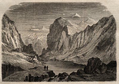 19世紀のスイスのダボスの風景 - 1864年の「Dictionnaire populaire illustrious」に掲載された彫刻 - Joseph DecembreとEdmond Allonierによるもの。 作： Unknown artist