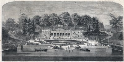 アメリカ・ニューヨークの庭園「セントラルパーク」の風景。フレデリック・ロー・オルムステッド(1822-1903)と(1824-1895)によるマンハッタン地区の建築。"The Illustrious Universe "に掲載されたエングレーヴィング 作： Unknown artist