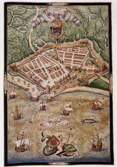 1583年のル・アーヴル港の風景 - 海軍水先案内人ジャック・デルヴォーがド・ジョワイユ提督に捧げた照明付き写本より 作： Unknown artist
