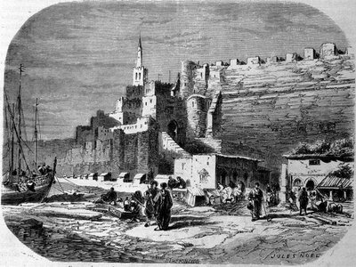 モロッコ、タンジールの要塞都市の港と海岸の眺め。1860年に描かれたもの。 作： Unknown artist