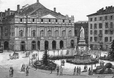 イタリア、ミラノのスカラ座の劇場の様子。(Teatro alla Scala Milano) "The Illustrous World "のエングレービング 作： Unknown artist