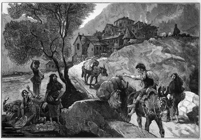 アンドラ共和国のアンドラ・ラ・ヴェラ（Andorra La Vella）の村とその住民であるアンドラ人の眺め。"Le Monde Illustré "に掲載されたエングレーヴィング 作： Unknown artist