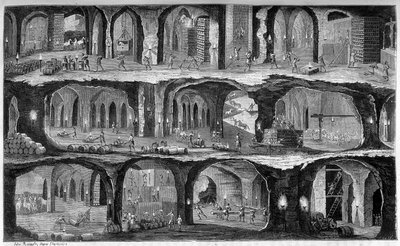 ガリシア州ヴィエリスカの塩坑の地下作業風景。ルイ・フィギエの「Les wonders de l