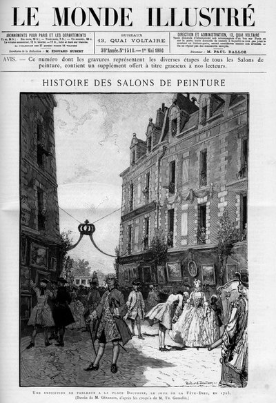 1725年のfete dieu（死の祭典）の日に、パリのシテ島にあるドフィーヌ広場で行われた絵画展の見学。"Le Monde illustrious "のエングレーヴィング 作： Unknown artist