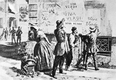 Viva Verdi: 1859年、オーストリア占領下のナポリで、ジュゼッペ・ヴェルディのオペラ「Un Ballo in maschera」が禁止されたことを受けて、ヴェルディへの熱烈な賛辞が書かれている（V.E.R.D.I. (VERDI) = Vittorio Emanuele Re d