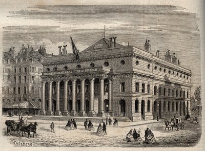 19世紀、パリのオデオン座の風景。1864年に出版された「Dictionnaire populaire illustrious」に掲載された彫刻で、Joseph DecembreとEdmond Allonierによるもの。 作： Unknown artist
