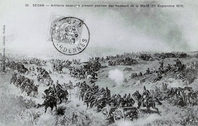 1870年の戦争。1870年9月1日、アルデンヌ地方のマルフェの高台から陣取るバイエルンの砲兵隊。1870年に描かれた版画 作： Unknown artist