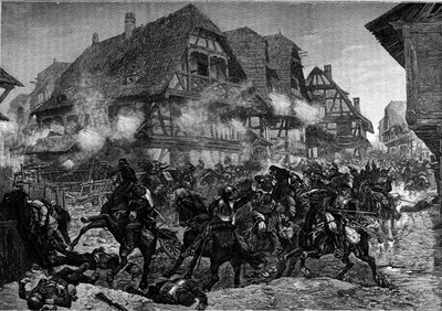 1870年の戦争：モルスブロン（アルザス）の通りを通過する第8戦艦と第9戦艦の攻撃。Le Journal de la jeunesse "に掲載された図版 作： Unknown artist