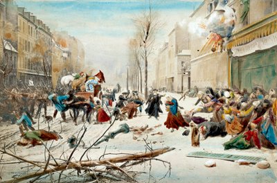 1870年の戦争：1870年のパリ包囲戦、プロイセンによる砲撃。雪の下で爆撃を受けた地域を離れるパリの住民たち。19世紀の水彩画。パリ、アルミー美術館 作： Unknown artist