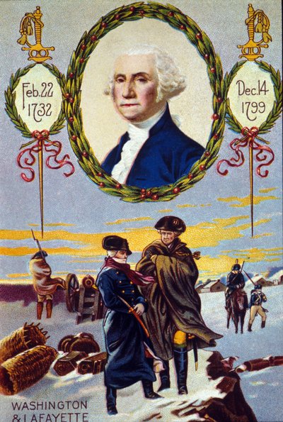 アメリカ独立戦争：ラファイエット侯爵（1757-1834）は、1777年にジョージ・ワシントン（1732-1799）を助けるためにバレーフォージで出会った。 19世紀のクロモリ写真 作： Unknown artist