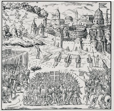 宗教戦争。1576年に国王（アンリ3世）の軍隊に包囲されたニームの街-「1562年から1586年までのフランスの災難を表す39の図版集」（ルイ・ペラン出版）に掲載。 作： Unknown artist