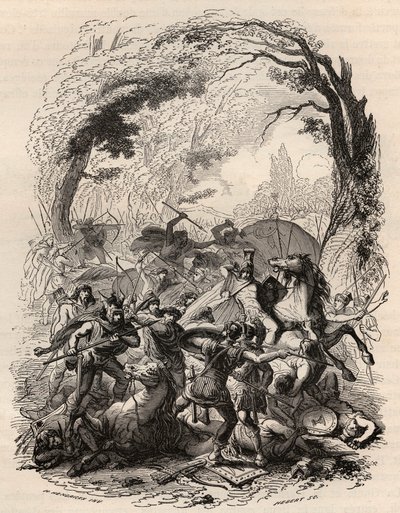 ガリア人の戦争。ベルギー人のエブルン人とローマ軍との間で行われたAduatucaの戦い。紀元前54年、Quintus Titurius SabinusとLucius Aurunculeius Cottaを破る。1868年に出版された「Histoire de Belgique from the primitive times to the end of the world」に掲載されている図版。 作： Unknown artist