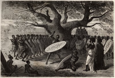 ランディネス（caffres-zulus）と呼ばれるセナ族（モザンビークのザンベーズ川流域）の戦士の体操。1840年から1856年にかけて行われたリビングストン博士の南部アフリカへの最初の航海を説明するためのエングレーヴィング。 作： Unknown artist