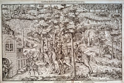 宗教戦争 1562-1598 「1563年2月18日、第2代ギーズ公フランソワ1世（1519-1563）の暗殺事件。カトリックの指導者であった彼は、カルヴァン派のジャン・ド・ポルトロット・ド・メレ（メレイ）に殺害された。16世紀のエングレーヴィング。パリ、B.N. 作： Unknown artist
