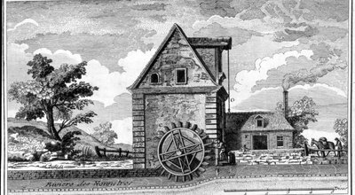 1800年頃に作られた水車の彫刻。 作： Unknown artist
