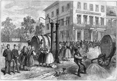 1873年、オーストリア・ウィーンの街角に設置された散水装置。 作： Unknown artist
