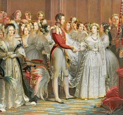 1840年2月10日、ロンドンのセント・ジェームズ宮殿で行われたヴィクトリア女王とザクセン・コーボーグ・ゴータ家のアルバート王子の結婚式（エングレーヴィング 作： Unknown artist