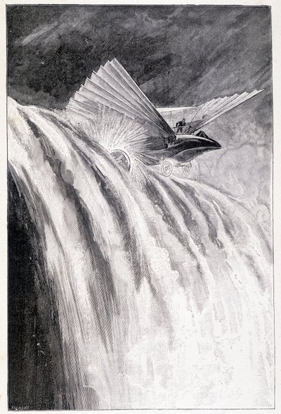 翼のある乗り物が滝を渡る、イラストジュール・ヴェルヌ「世界の支配者」19世紀後半 作： Unknown artist