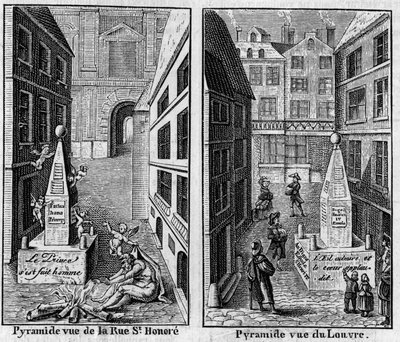 1784年、パリの冬のピラミッド。1786年の年鑑 "La Pyramide de neige "に掲載された2枚の版画の複製（ファクシミリ）。3月16日の「La Nature: revue des sciences and de leurs applications aux arts et a l