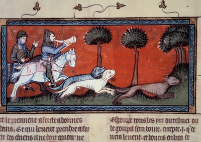 狼狩りのミニチュア。1297年 アンリ・ド・フェリエール作「モドゥス王とレシオ王妃の書」（14世紀 作： Unknown artist