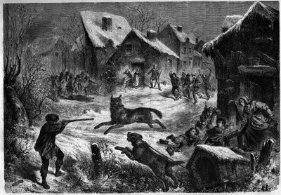 1860年12月31日、ブーシュ・デュ・ローヌ（13）のサリエ村での狼狩り。1861年1月12日の "Le Monde Illustré "196号に掲載されたエングレーヴィング。 作： Unknown artist