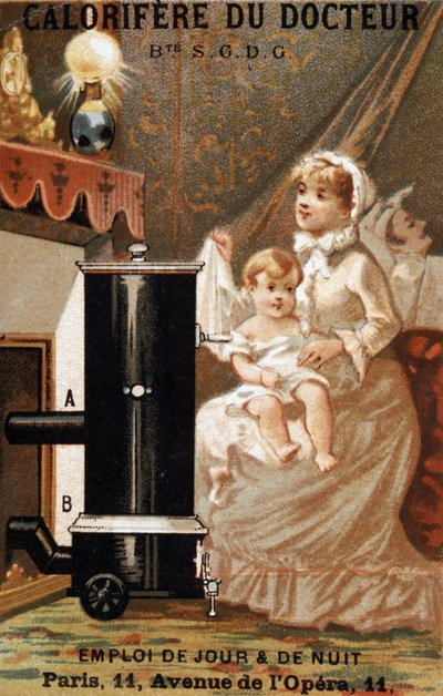 室内で暖房する女性と子供、広告「ドクターカロリフェール」、1895年頃 作： Unknown artist