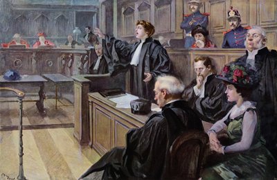裁判所で弁論する女性弁護士（カラーリトグラフ） 作： Unknown artist