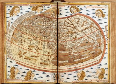 Claude Ptolemeeの世界地図です。人間の頭が空気を吹いているのは、それぞれの風を表している（名前が示されている）。ラテン語のジオグラフィア」ではBeatissimo Patri Paulo Secundo Pontifici Maximo.Donis Nicolaus".教皇パウロ2世に献上された地理学写本。M 作： Unknown artist