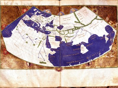 ギリシャの天文学者・占星術師であるクラウディウス・プトレマイオス（Claudius Ptolemaeus, 90-168 ap JC）の世界地図 - 北極と南極、アメリカ大陸を除いた平らな地球を表現したもの - 15世紀の手稿 - ヴェネツィア、ビブリオテカ・マルシアーナ 作： Unknown artist