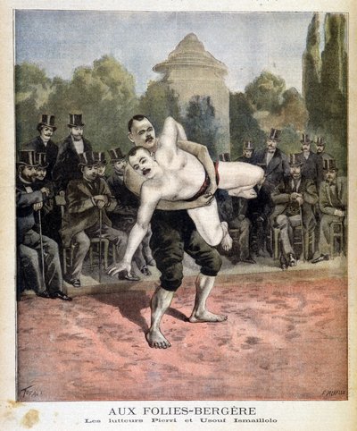 パリのフォリー・ベルジェールで行われたレスリングのピエリとウッスフ・イスマイヨロ。1895年3月31日のLe petit journalにて。 作： Unknown artist