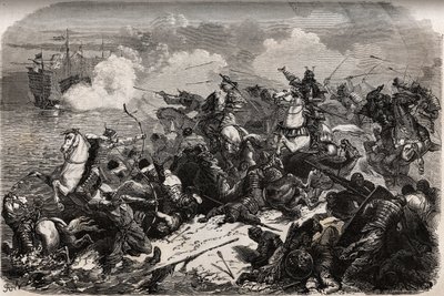 1274年、クビライ（クビライ・ハン、モンゴル元王朝（1215-1294）の初代皇帝）率いるモンゴル軍の侵攻を、頼母子と武士の軍勢が撃退したが、台風がモンゴル軍の船団を撃退して転覆させ、日本は助かった。 作： Unknown artist